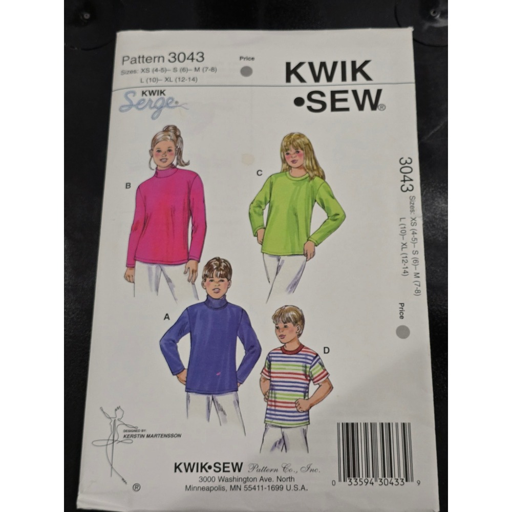 Kwik Sew 3043 Boys Girls Shirts Sewing Pattern Turtleneck Crew Neck XS-XL